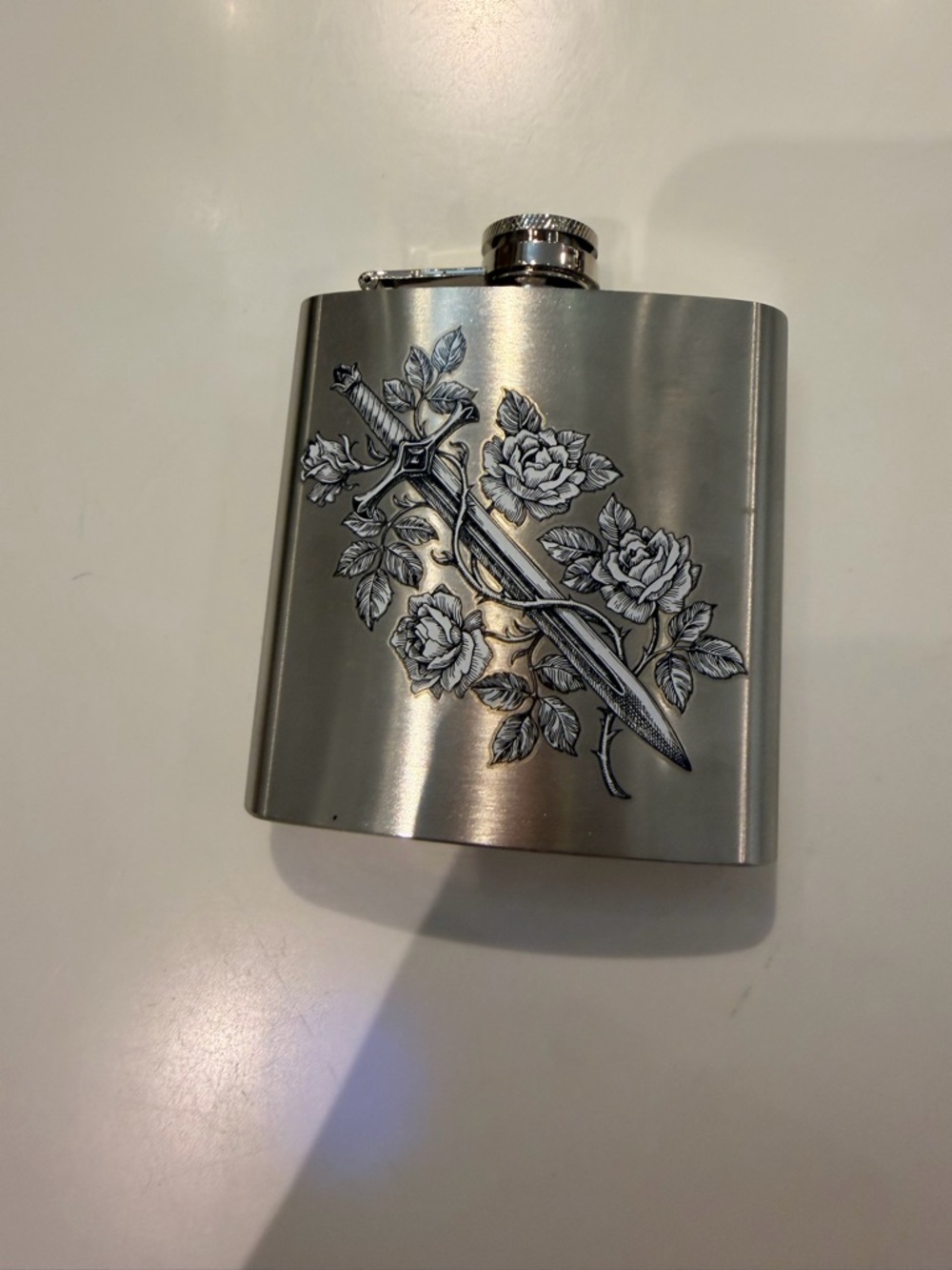 Stainless Steel Flask with Sword & Rose Engraving - Silver